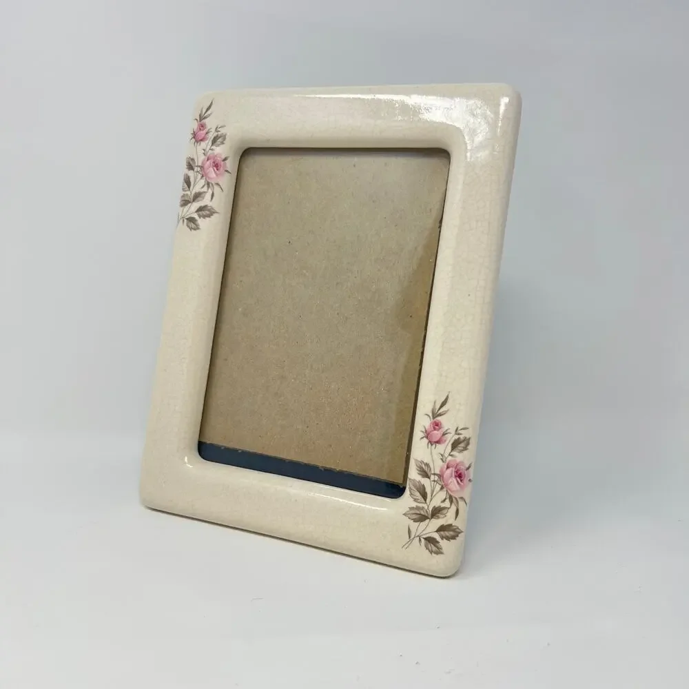 Vintage Cream Porcelain Photo Picture Frame Pink Roses Floral Cottagecore 5x7